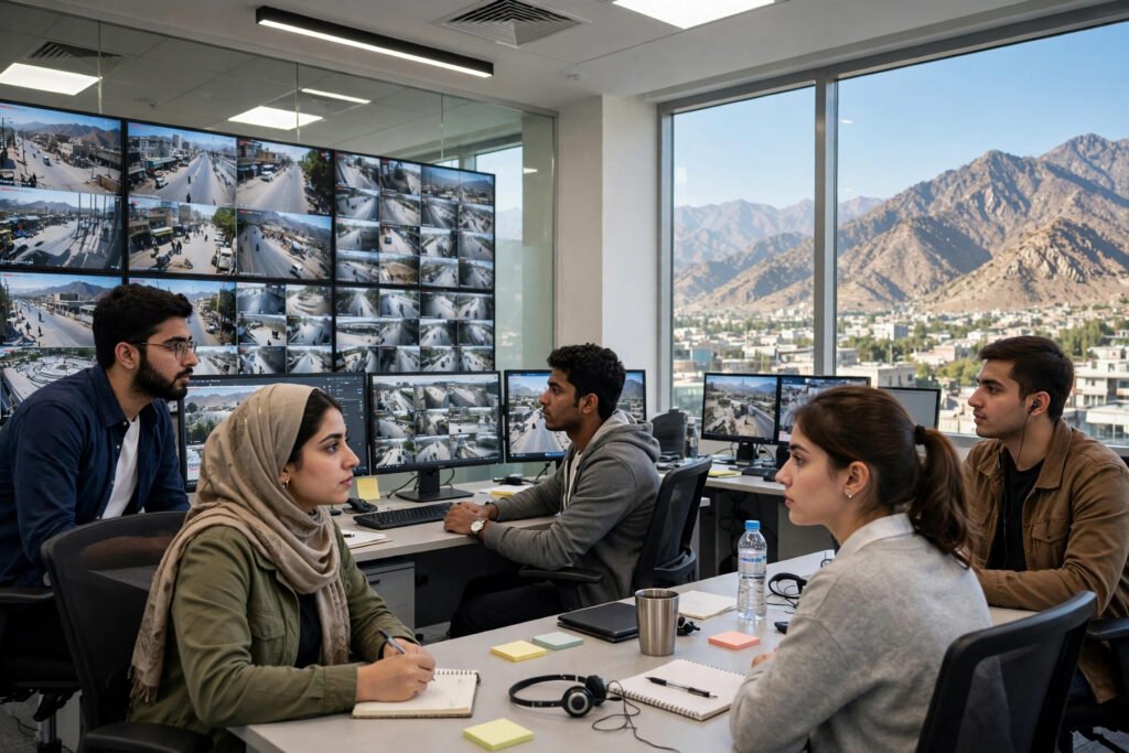 Control room of a safe cities authority in Quetta with staff monitoring city surveillance screens