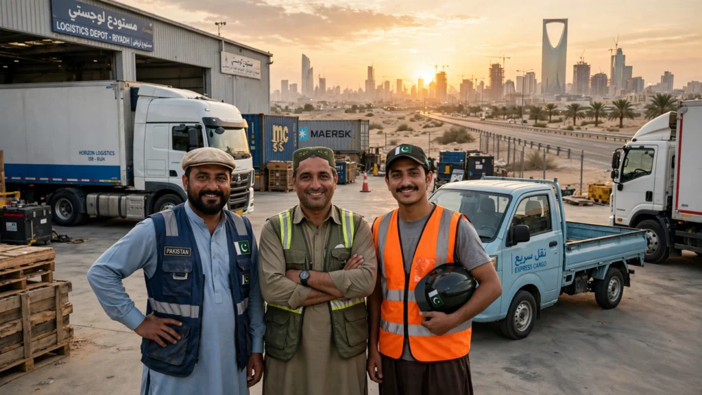 Gulf International Saudi Arabia driver jobs 2026 trucks at a Riyadh logistics depot