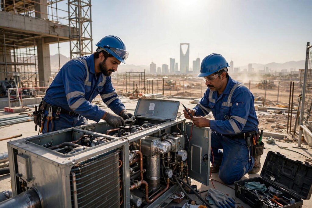 HVAC and mechanical maintenance technicians servicing industrial air-conditioning equipment at a facility in Saudi Arabia