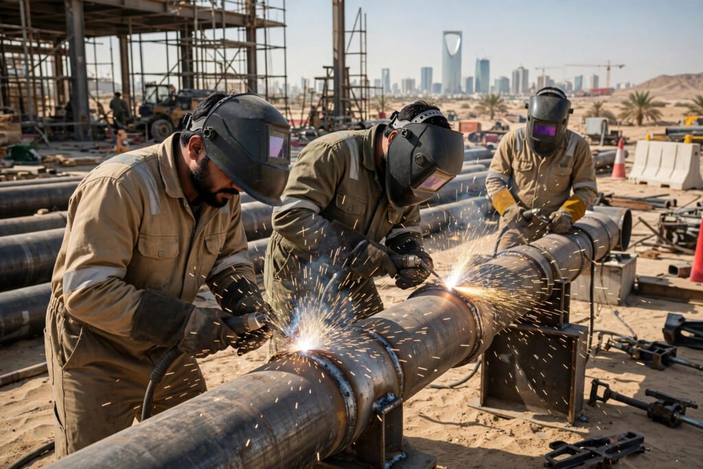 Pakistani technical workers welding steel pipes at a project site in Riyadh, Saudi Arabia