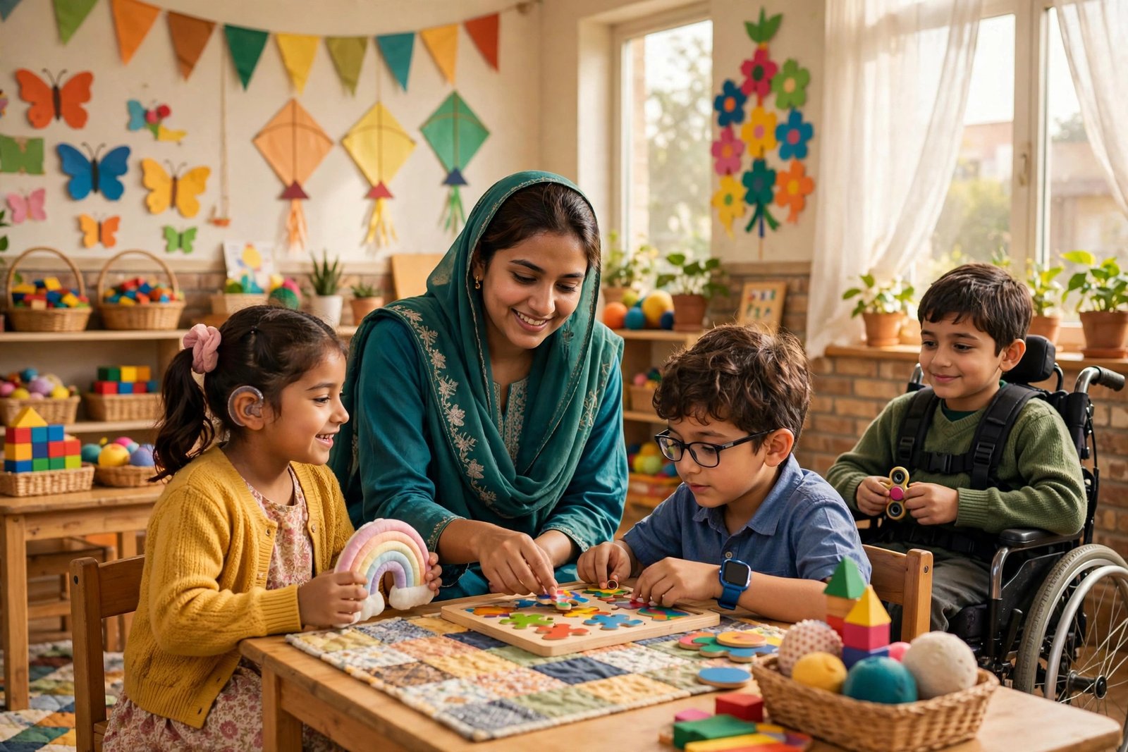 A teacher gently guiding special needs children in a bright classroom in Punjab Pakistan