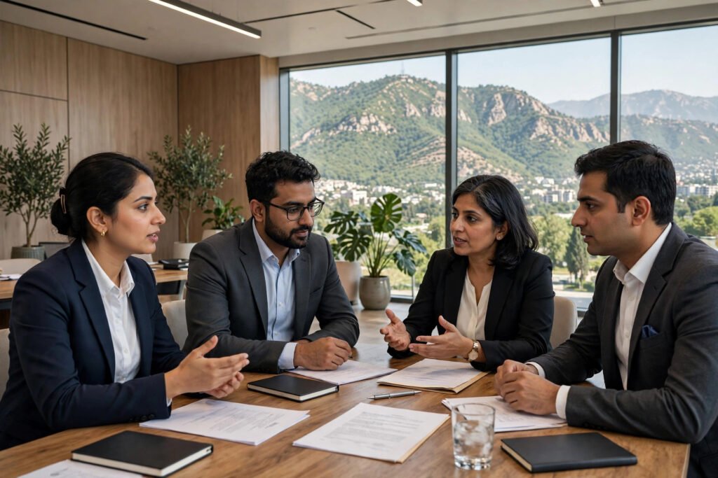 Consultants discussing policy documents around a conference table in a modern office in Islamabad Pakistan